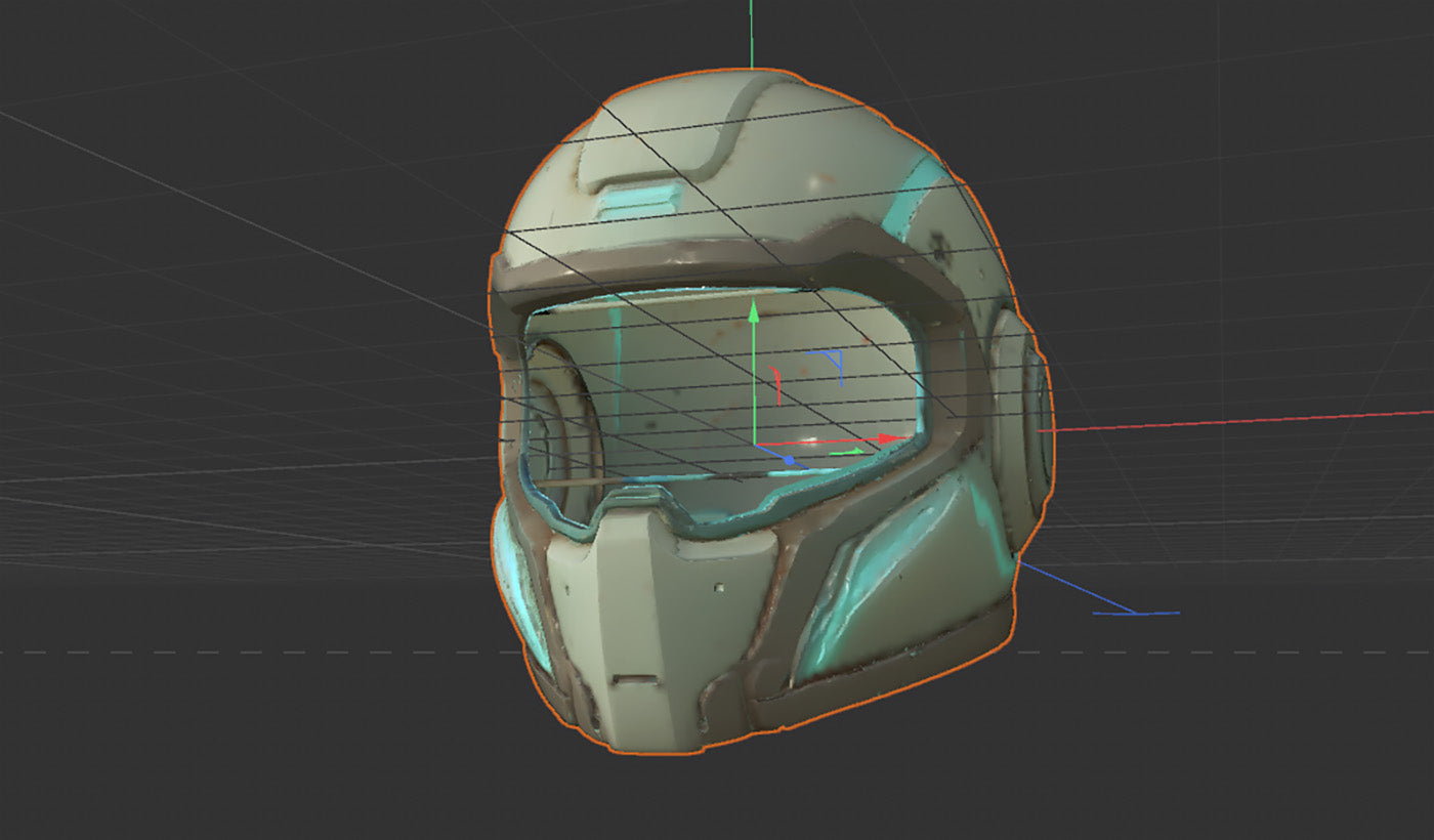 Helmet work-in-progress — front three-quarter
